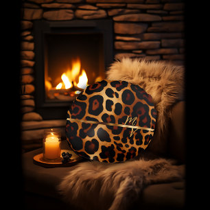 Chic Leopard Print och Guld Monogrammed Rund Kudde