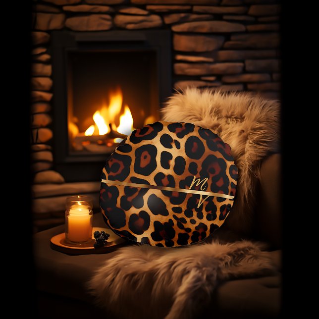 Chic Leopard Print och Guld Monogrammed Rund Kudde (Stylish Luxe Leopard-Print Decorative Throw Pillow )
