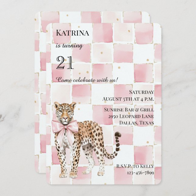 Chic Leopard Rosa Bow Squares Birthday Inbjudningar (Fram/baksida)
