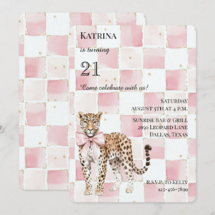 Chic Leopard Rosa Bow Squares Birthday Inbjudningar