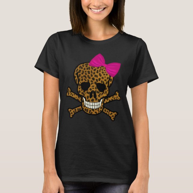 Chic Leopard Skriv ut Pirat Skull Rosa Bow T Shirt (Framsida)