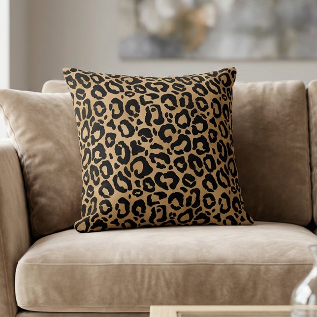 Chic Leopardsmuster Gepardfläckar Brun Svart Kudde (Chic Leopard Print Cheetah Spots Brown Black Throw Pillow)