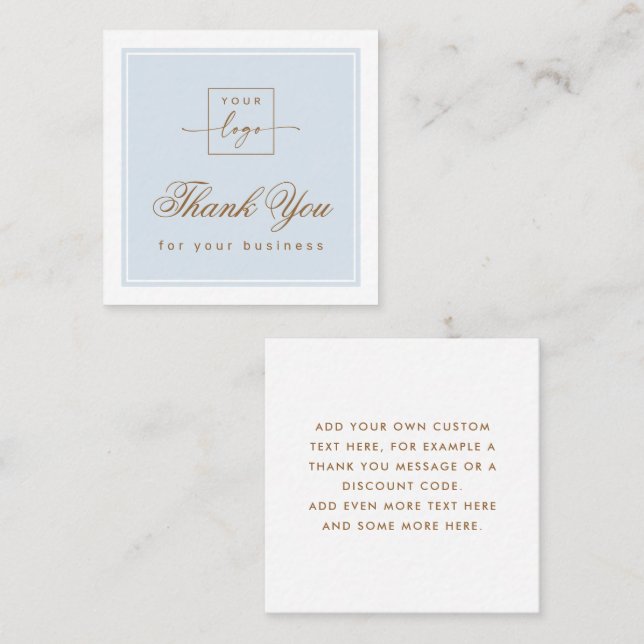 Chic light dusty blue custom logo thank you card fyrkantigt visitkort (Fram/baksida)