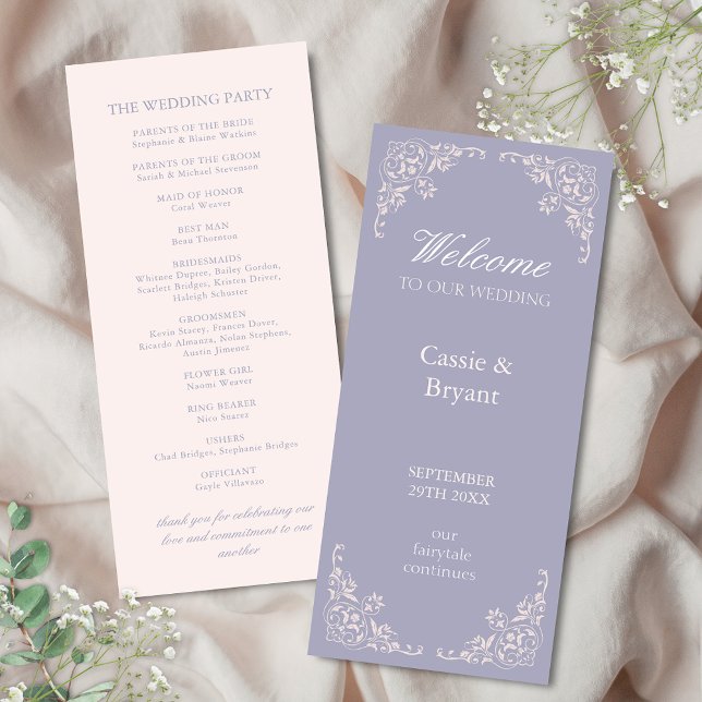 Chic Light Lila Elegant Gräns Bröllopsprogram (elegant purple and blush pink wedding programs with vintage chic victorian border for regency era)