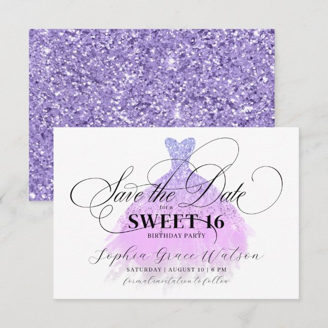 Chic Light Lila Glitter Dress Sweet 16 Birthday Spara Datumet (Fram/baksida)