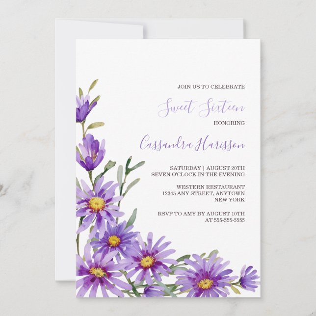 Chic Lila Aster Blommigt Greenery Birthday Inbjudningar (Framsida)