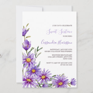 Chic lila aster blomstergrönska födelsedag inbjudningar