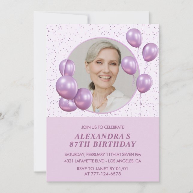Chic lila ballonger Foto 87-årsdag Inbjudningar (Framsida)