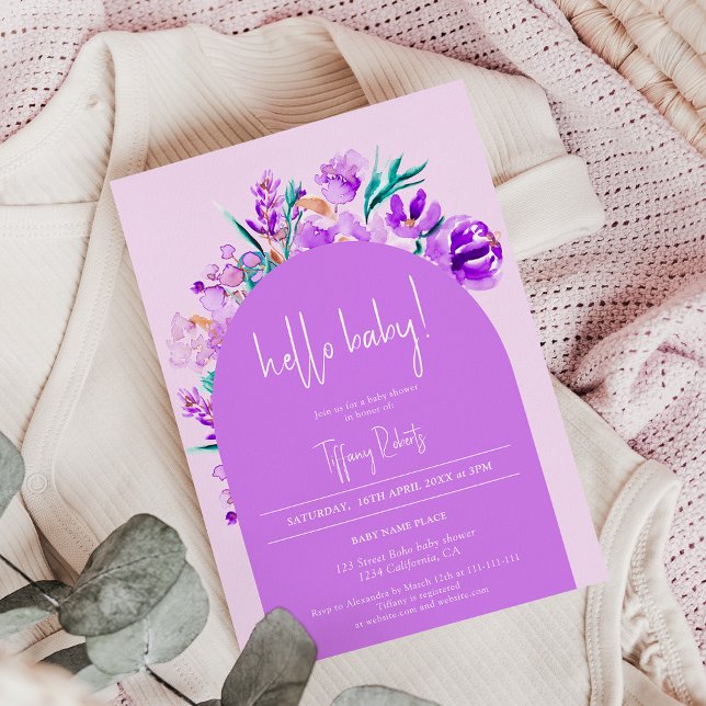 Chic lila blommigt Arch neutralt hej babydusch för Inbjudningar (Chic purple floral arch neutral hello baby shower invitation)