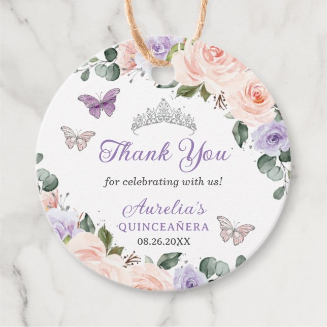 Chic Lila  Blommigt Butterflies Silver Krona Gåvor Etiketter (Framsida)