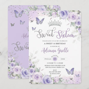 Chic Lila Blommigt Butterflies Sweet sixteen 16 Inbjudningar