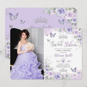 Chic Lila Blommigt Butterflies Sweet sixteen Photo Inbjudningar