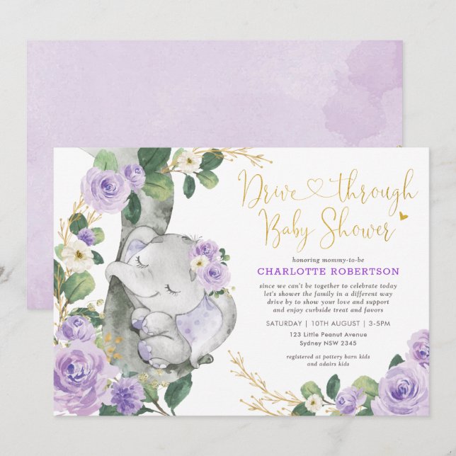 Chic Lila Blommigt Elephant Drive by Baby Shower Inbjudningar (Fram/baksida)