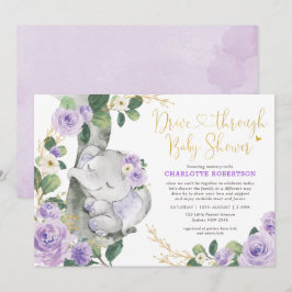 Chic Lila Blommigt Elephant Drive by Baby Shower Inbjudningar