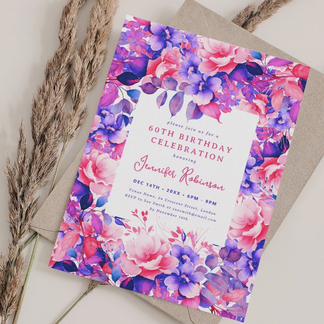 Chic Lila Blommigt för vattenfärg 60:e Födelsedags Inbjudningar (Chic Purple Watercolor Floral 60th Birthday Party Invitation)