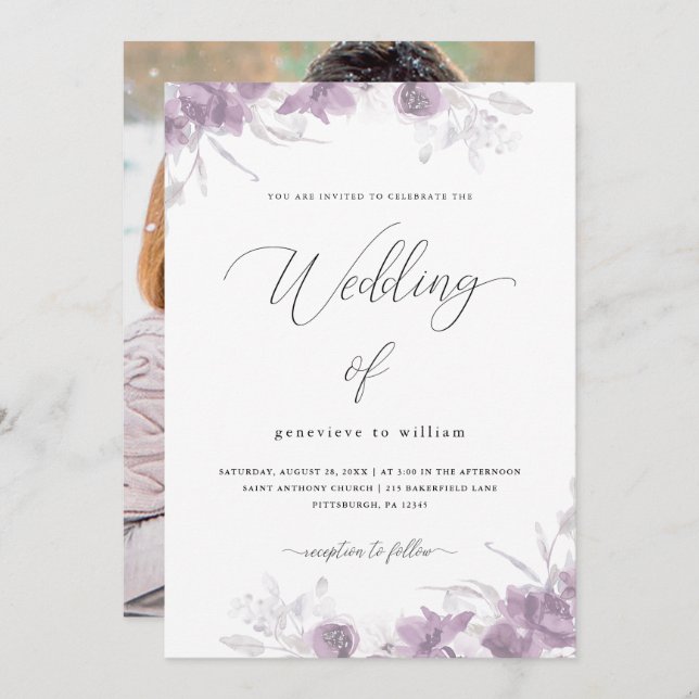 Chic Lila Blommigt med Calligraphy Photo Bröllop Inbjudningar (Fram/baksida)