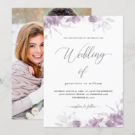 Chic Lila Blommigt med Calligraphy Photo Bröllop Inbjudningar