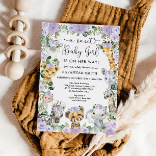 Chic Lila Blommigt Safari Animals Girl Baby Shower Inbjudningar