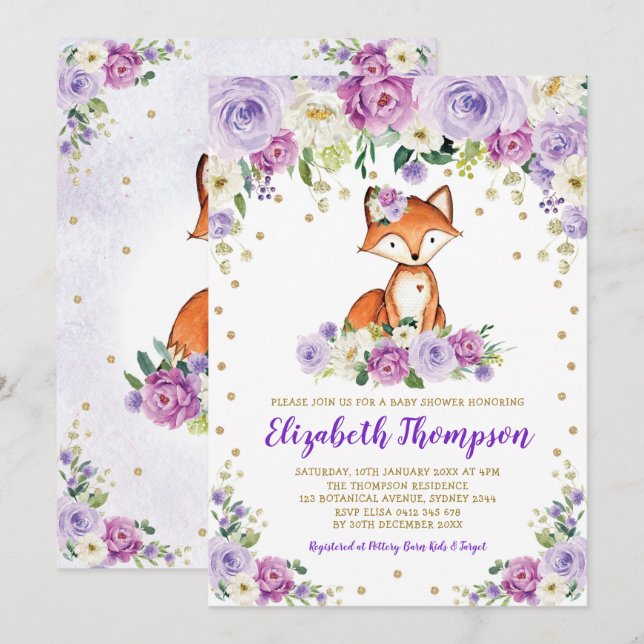 Chic Lila Blommigt Woodland Fox Flicka Shower Inbjudningar (Fram/baksida)