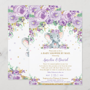Chic lila blomster elefant baby shower via post inbjudningar