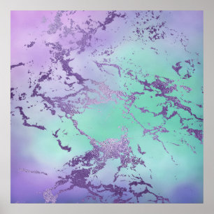 Chic Lila Blue Sjöjungfru Watercolor Ombre Marble Poster