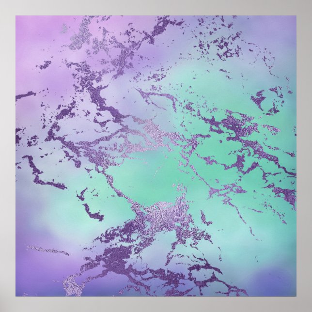 Chic Lila Blue Sjöjungfru Watercolor Ombre Marble Poster (Framsidan)