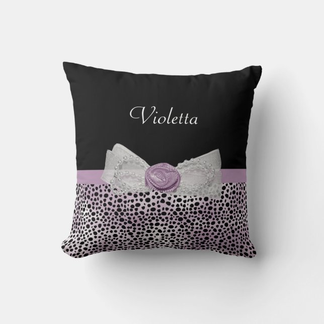 Chic Lila Cheetah Skriv ut Cute Ro Bow och Namn Kudde (Framsida)