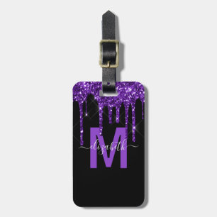 Chic Lila Dripping Glitter Monogram Namn Bagagebricka
