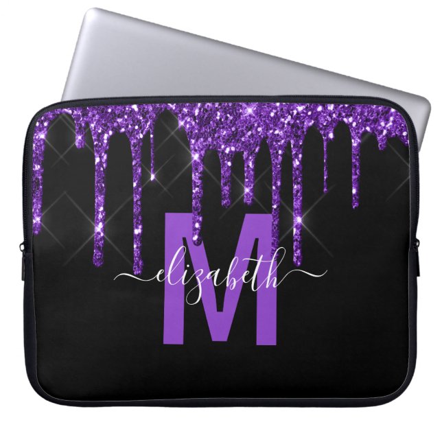Chic Lila Dripping Glitter Monogram Namn Laptop Fodral (Framsidan)