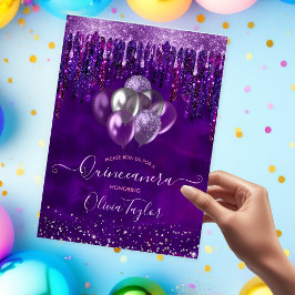 Chic lila droppar glitter-ballonger Quinceanera Inbjudningar