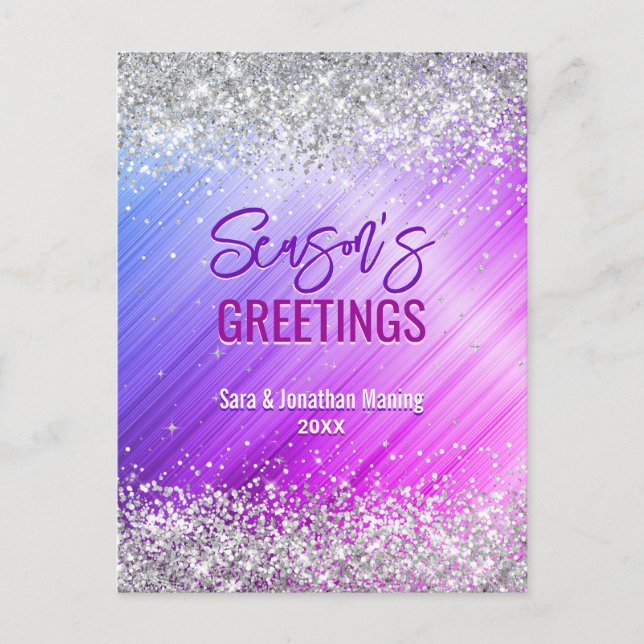 Chic lila faux silver glitter jul nytt år vykort (Framsida)