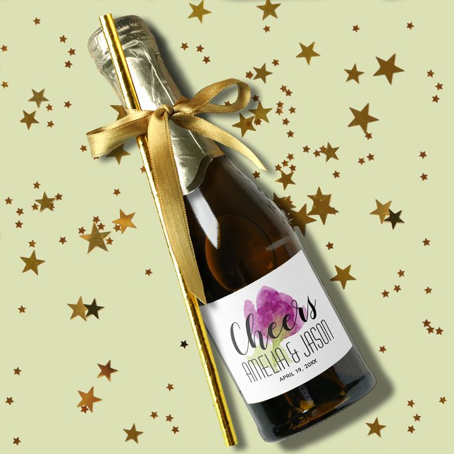 Chic Lila Flower Watercolor Mini (Chic purple watercolor flower mini champagne bottle label for favors or to serve to guests)