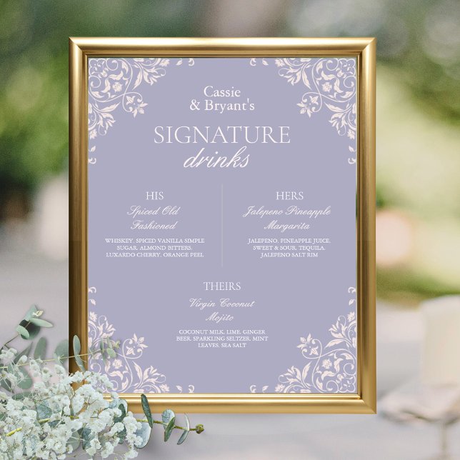 Chic Lila Fransk Lilac Bröllop Namnteckning Drinks Poster (elegant purple lavender french lilac wedding bar menu signature drinks sign for her him them poster)