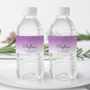 Chic Lila Glitter Drip 80:e Födelsedagsfesten Vattenflaskor Etikett
