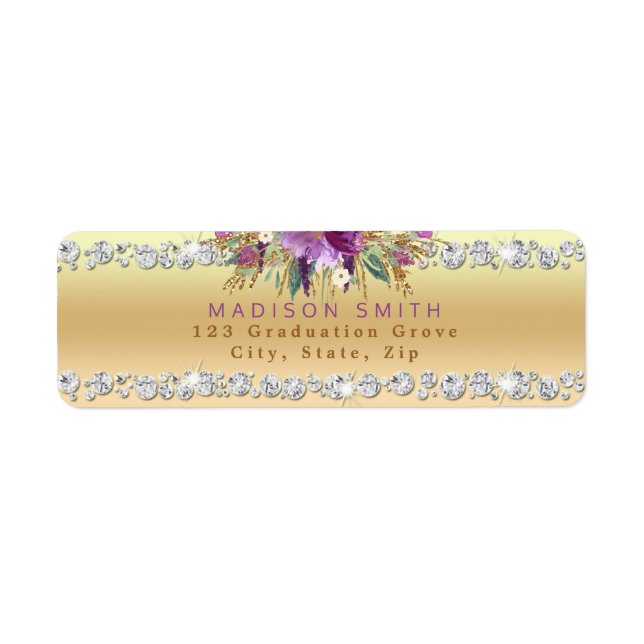 Chic Lila Glitter Flowers Diamonds Guld Returadress Etikett (Framsidan)