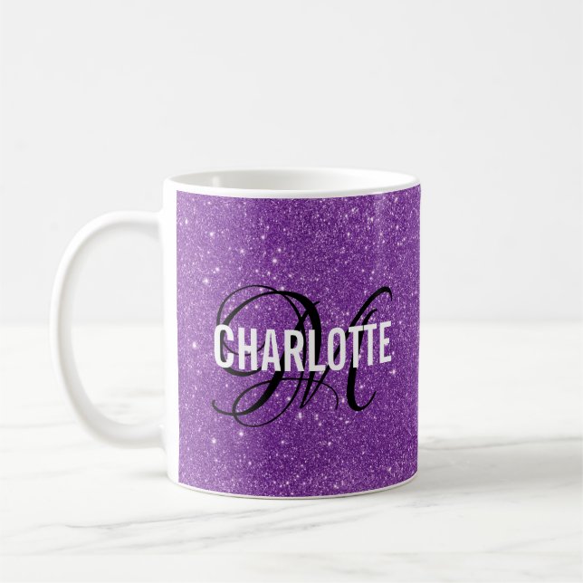 Chic lila glitter monogram namn kaffe mugg (Vänster)