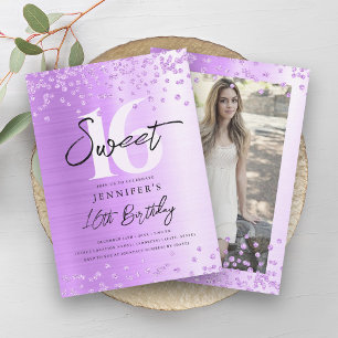 Chic Lila Glitter Photo Sweet 16 Party Inbjudningar