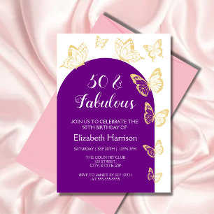 Chic Lila Guld Butterfly Fabulous Birthday Inbjudningar