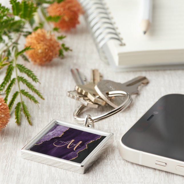 Chic Lila Guld Glitter Agate Anpassningsbar Monogr Fyrkantig Silverfärgad Nyckelring (Sidan)
