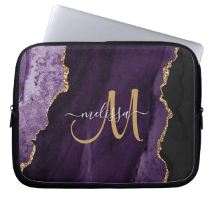 Chic Lila Guld Glitter Agate Anpassningsbar Monogr Laptop Fodral