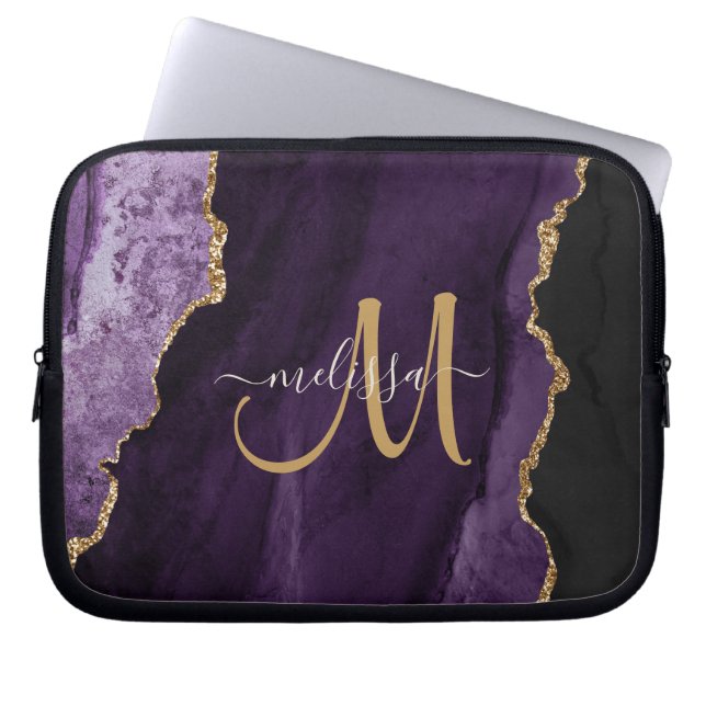 Chic Lila Guld Glitter Agate Anpassningsbar Monogr Laptop Fodral (Framsidan)