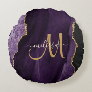 Chic Lila Guld Glitter Agate Anpassningsbar Monogr Rund Kudde