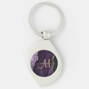 Chic Lila Guld Glitter Agate Anpassningsbar Monogr Swirl Silverfärgad Nyckelring