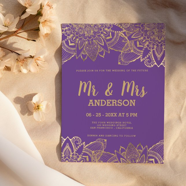 Chic lila guld skript MR. MRS. mandala Bröllop Inbjudningar (Chic purple gold script MR MRS mandala Wedding )