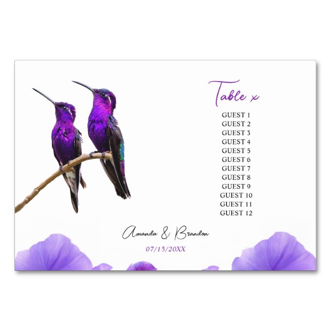 Chic Lila Hummingbird och Petals Bröllop Bordsnummer (Framsidan)