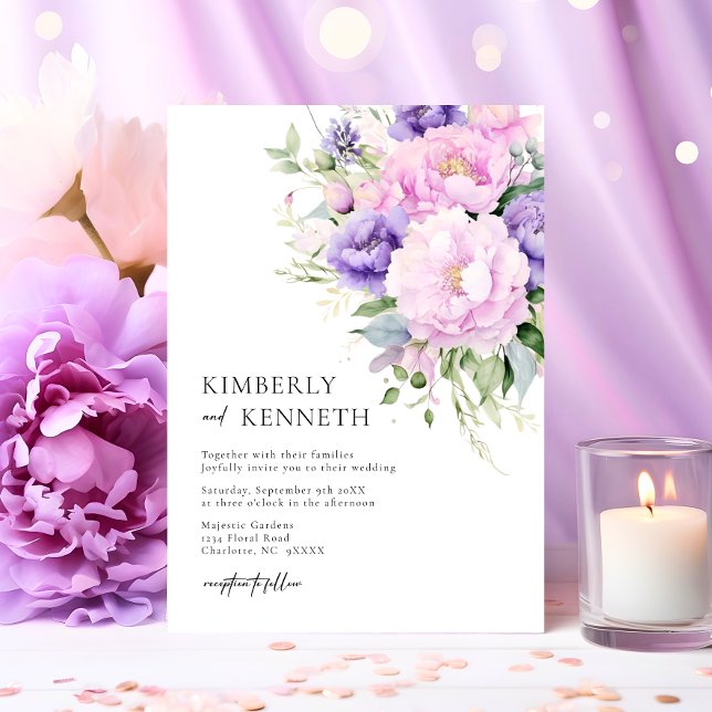 Chic Lila Lavender Rosa Violet Blommigt Bröllop Inbjudningar (Chic Purple Lavender Pink Violet Floral Wedding Invitation)