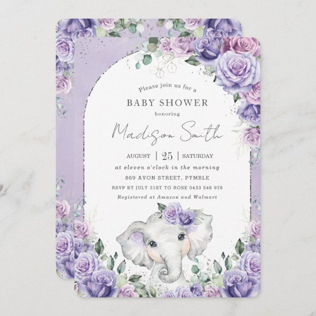 Chic Lila Lilac Blommigt Elephant Baby Shower Inbjudningar (Fram/baksida)