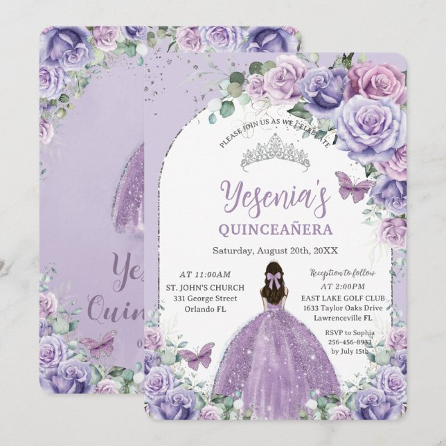 Chic Lila Lilac Blommigt Quinceañera Silver Arch Inbjudningar (Fram/baksida)