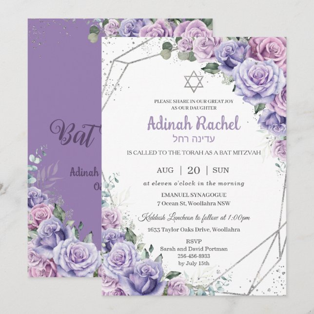 Chic Lila Lilac Blommigt Ro Silver Bat mitzvah Inbjudningar (Fram/baksida)