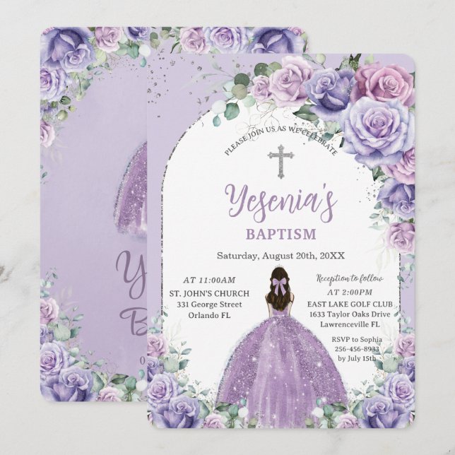 Chic Lila Lilac Blommigt Silver Arch Baptism Inbjudningar (Fram/baksida)
